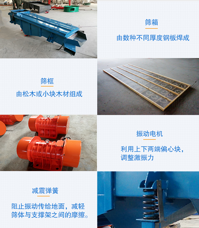 小型直線篩篩箱，篩框，振動電機，彈簧等部件圖片展示
